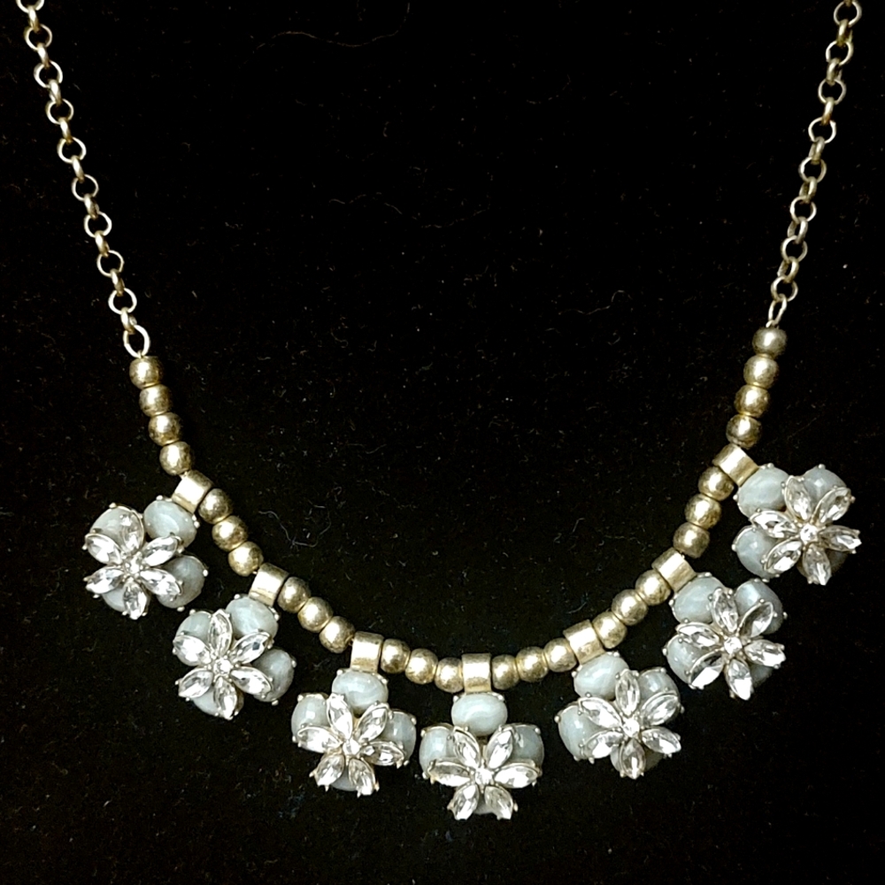 Loft Rhinestone and light gray flowered necklace.
